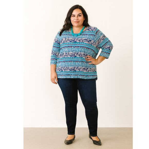 Maggie Barnes Turquoise & Gold Foil Aztec Print Top | Size 2X - Picture 1 of 4